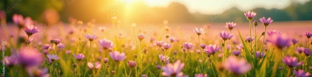 Obraz premium Sun-drenched field, a profusion of delicate pink & purple blooms , landscape, pastel