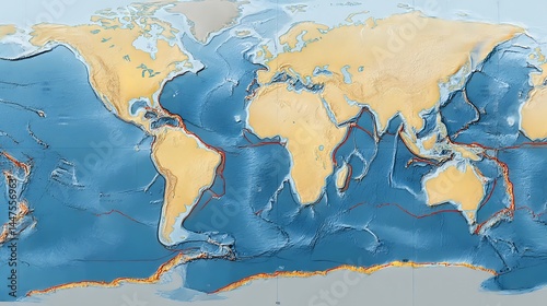 Detailed world map illustrating tectonic plates and oceanic topography layers