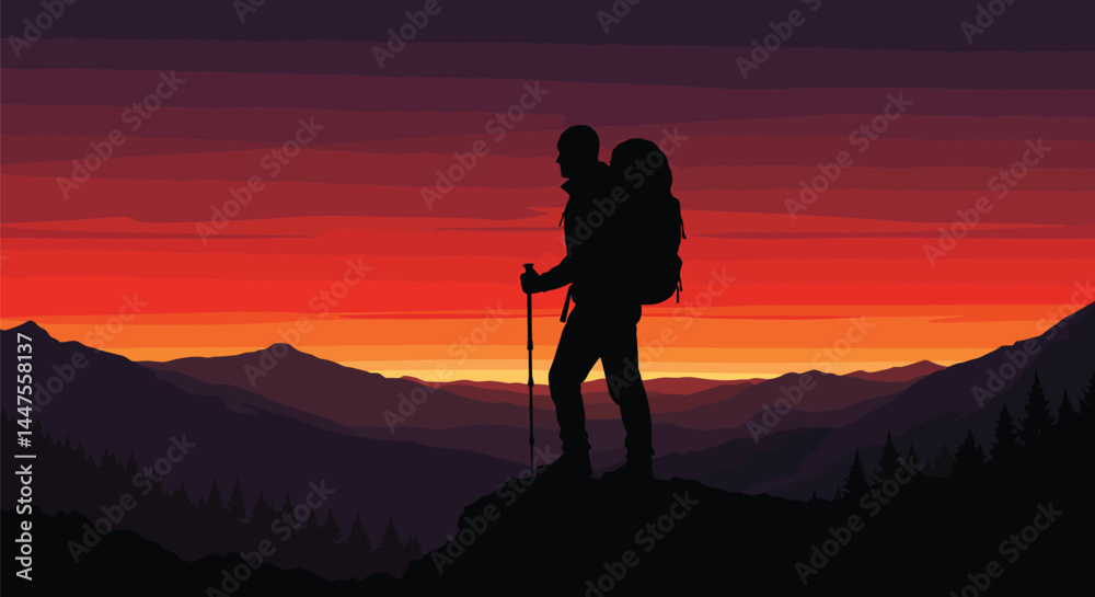 Obraz premium Silhouette of Hiker at Sunset