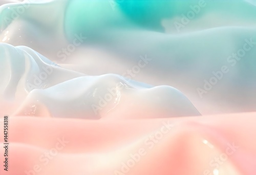 Abstract pastel landscape of smooth waves in soft pink, blue, and white tones, serene 3D fluid art scene abstract pink background