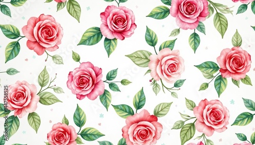 Delicate watercolor roses, lush leaves, seamless repeat , continuous, nature