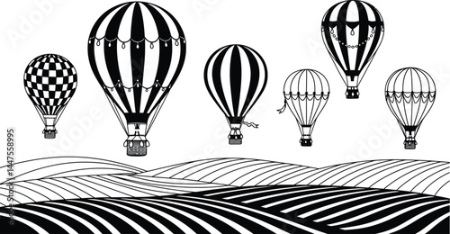 Hot Air Balloons Over Rolling Hills - Vector Illustration