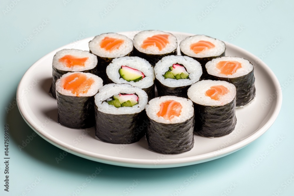 Sushi rolls are artfully placed on a clean white plate, showcasing a variety of fresh ingredients. The light blue background adds a calming atmosphere to the presentation Sushi rolls are artfully placed on a clean white plate, showcasing a variety of fresh ingredients. The light blue background adds a calming atmosphere to the presentation