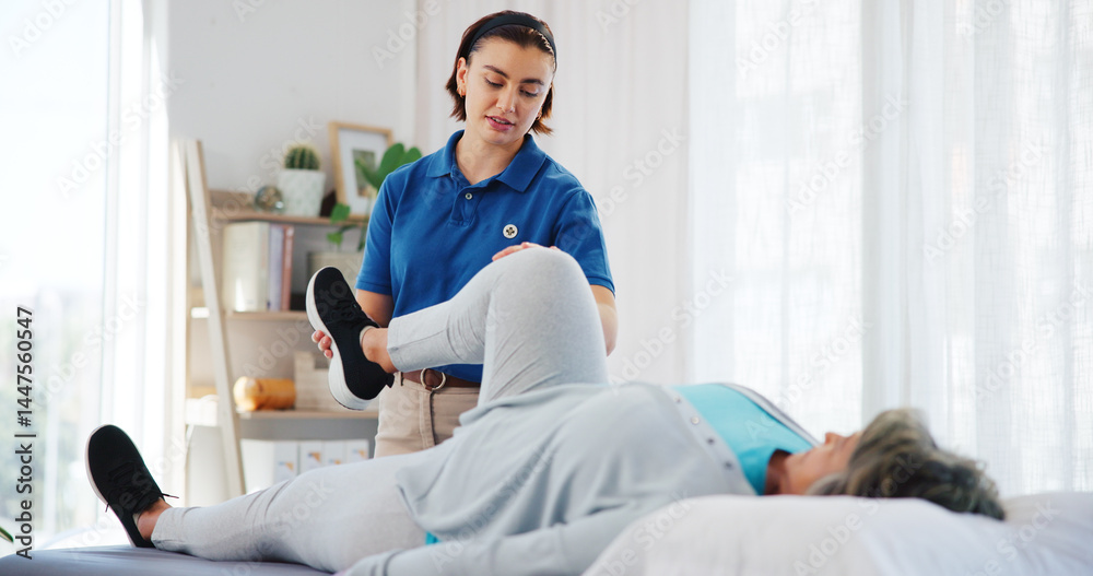 Obraz premium Senior woman, therapist and stretching legs with assistance, mobility exercise and knee rehabilitation. People, helping and elderly patient with physiotherapy, medical recovery and muscle treatment