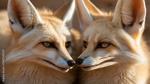 A charming shot of a fennec fox couple in the desert, showcasing their large ears and playful expressions. The warm sand dunes and golden light highlight the natural beauty of these adorable desert dw