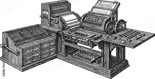 Vintage Typesetting Machinery - Movable Type Vector Illustration