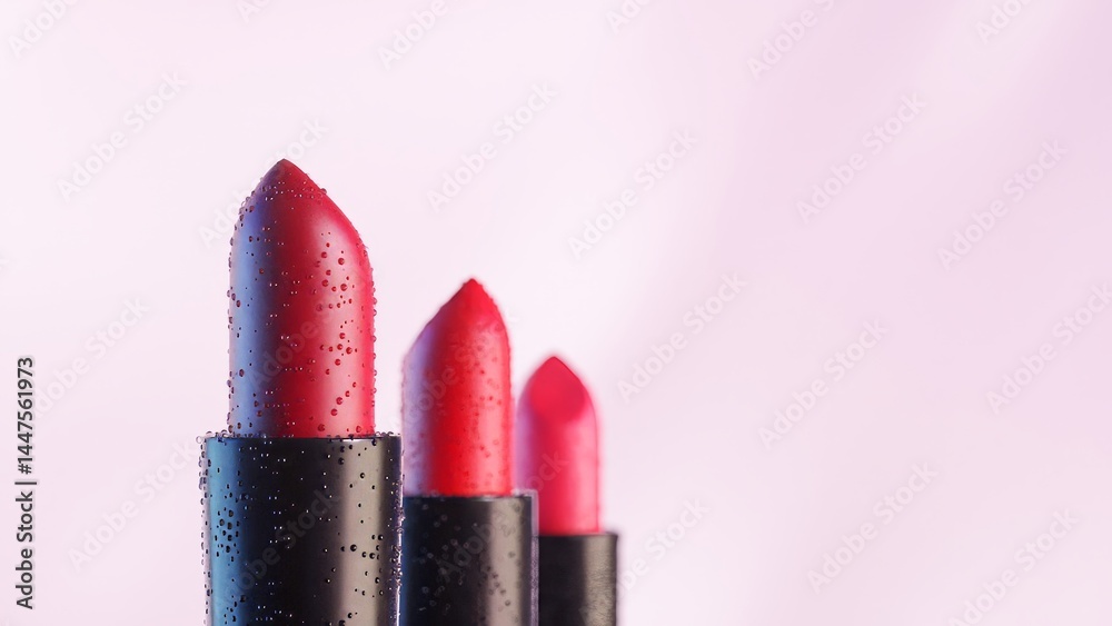 Red lipstick tubes featuring water droplets gradually materializing across soft pastel backgrounds, revealing elegant beauty product arrangement with vibrant color variations Red lipstick tubes featuring water droplets gradually materializing across soft pastel backgrounds, revealing elegant beauty product arrangement with vibrant color variations