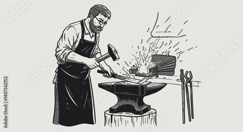Blacksmith Forging Blade, Vector Illustration