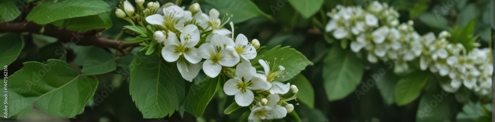 Abundant tiny white blooms cover a small branch, nestled in rich green leaves , vegetation, green, nature Abundant tiny white blooms cover a small branch, nestled in rich green leaves , vegetation, green, nature