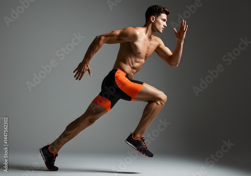 Side view of a fit man in marathon attire, standing tall in studio light