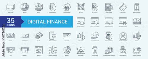 Digital Finance icon collection set with  credit card, invoice, receipt, mobile money, cloud banking