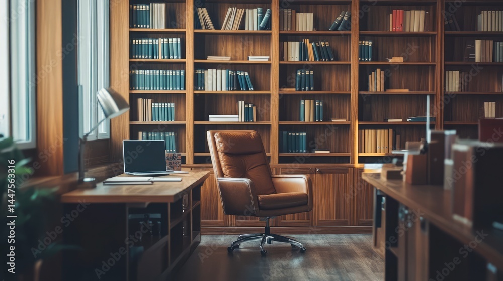 A well lit office with a sleek bookcase creating a polished professional Zoom background A well lit office with a sleek bookcase creating a polished professional Zoom background