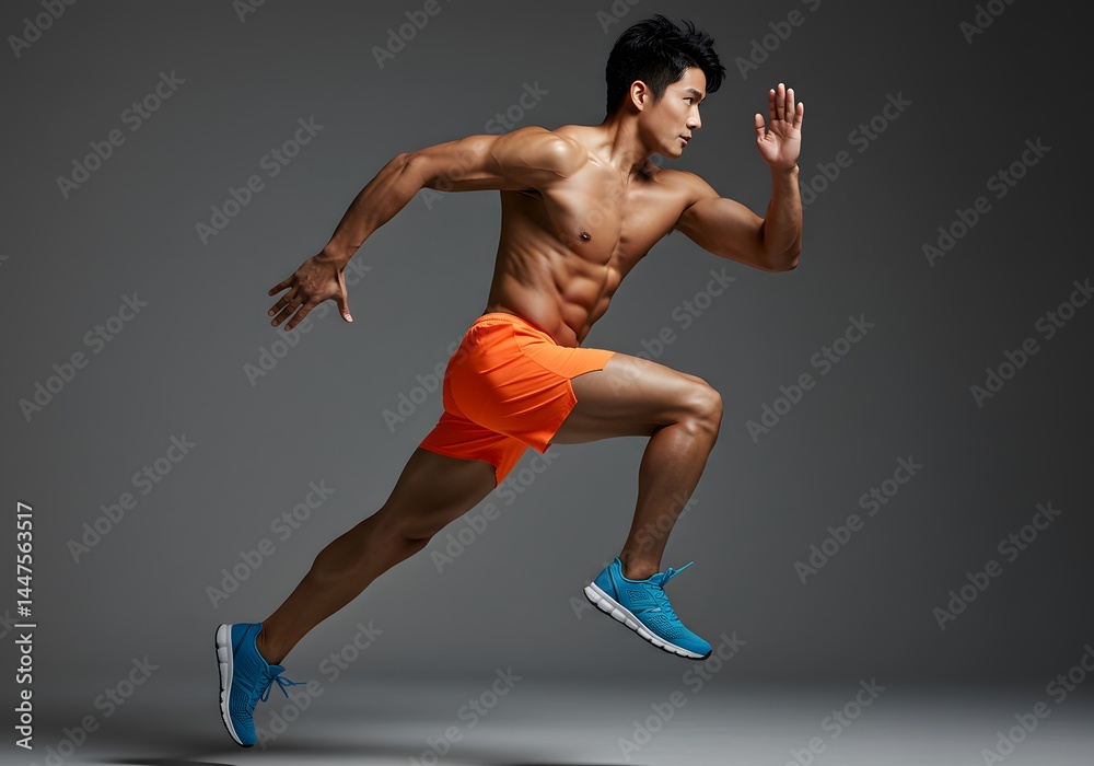 Obraz premium Side view of a fit man in marathon attire, standing tall in studio light