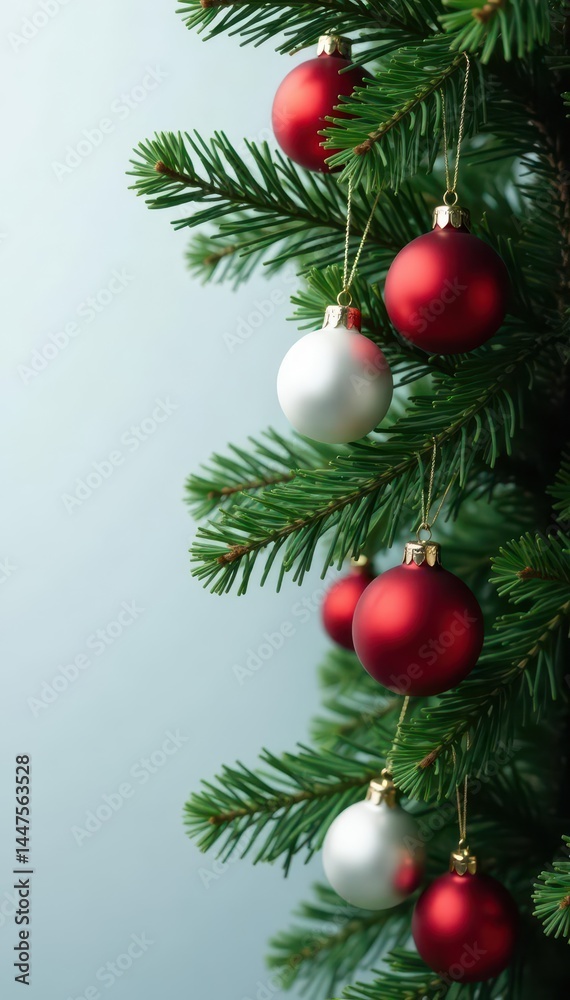 Dark green fir branch adorned with red & white ornaments , sparkle, gold, ornaments Dark green fir branch adorned with red & white ornaments , sparkle, gold, ornaments