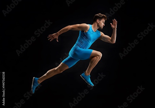 Side view of a fit man in marathon attire, standing tall in studio light