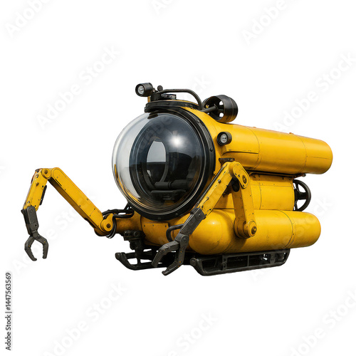 A bright yellow deep-sea research submersible featuring versatile manipulator arms and a large panoramic viewing dome.