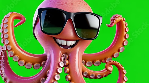 Playful Pink Cartoon Octopus Wearing Sunglasses Against Green Screen
