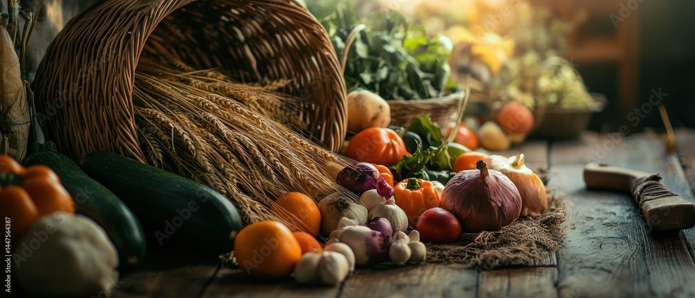 Fototapeta premium Fresh Vegetables and Grains Displayed on Rustic Table