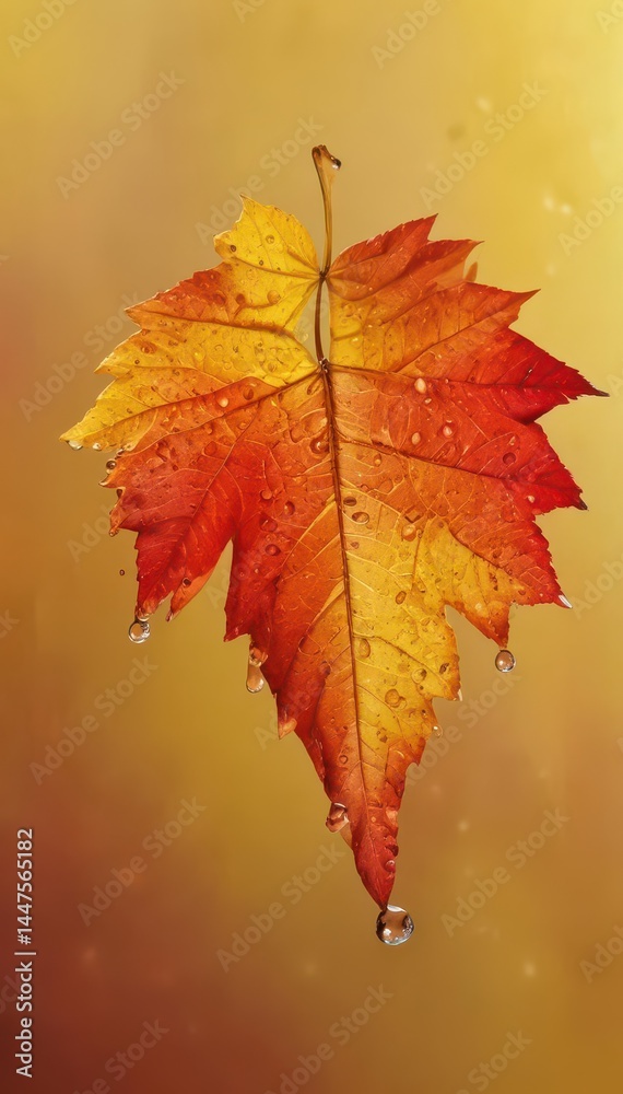 Fototapeta premium Vibrant red & yellow autumn leaf, water droplets, yellow background , golden, leaf, background