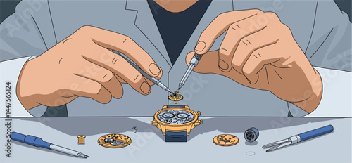 Watchmaker Repairing Tiny Gears - Vector Illustration