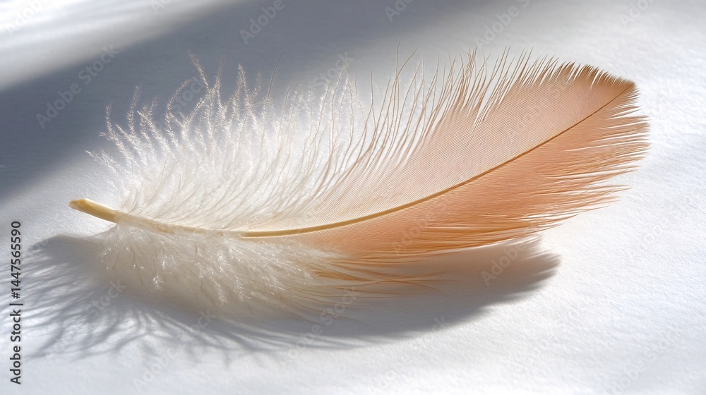 Obraz premium Soft peach feather, sunlight, white background, delicate texture, design element