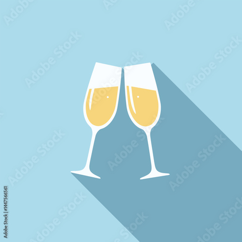 Glasses of champagne. Illustration in a flat design with long shadow