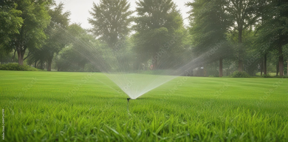 Fototapeta premium Automated sprinkler system installed in lush green lawn, spray pattern, summer, automatic
