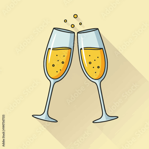 Glasses of champagne. Illustration in a flat design with long shadow