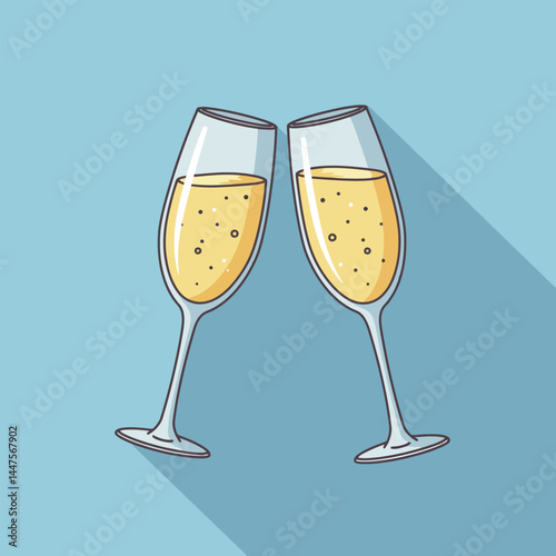 Glasses of champagne. Illustration in a flat design with long shadow