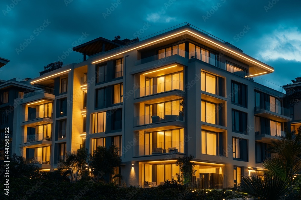 Fototapeta premium The luxury apartment building stands majestically at night, radiating with warm, soft lights that highlight its contemporary design. The tranquil atmosphere emphasizes elegance