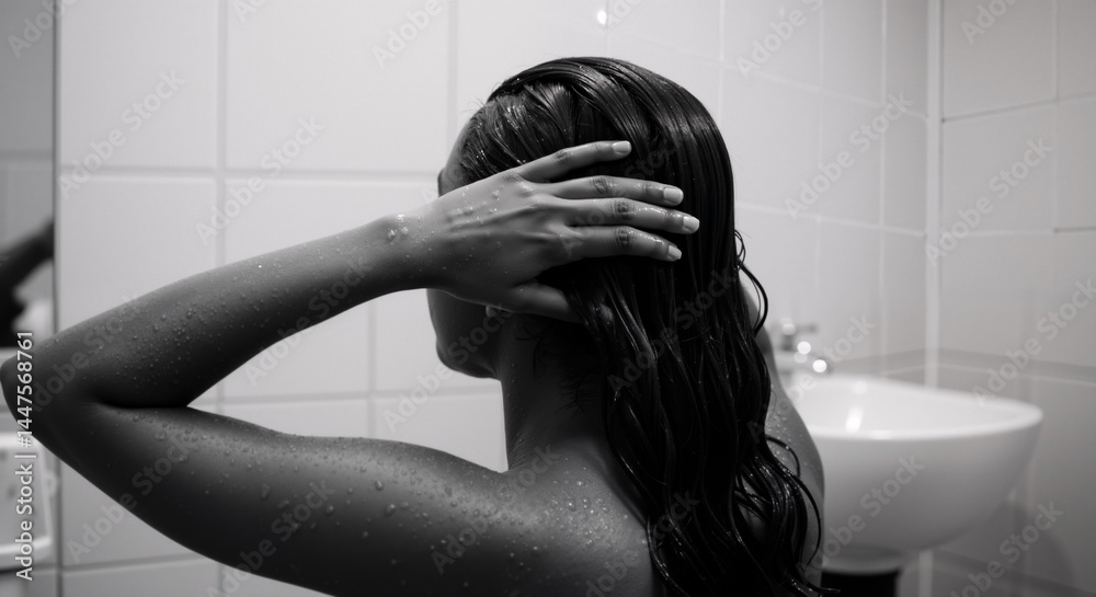 Naklejka premium Woman washing hair in shower with hand running through wet strands against white tile background. Monochrome. Hair care routine concept. Shampoo products, conditioners, hair masks