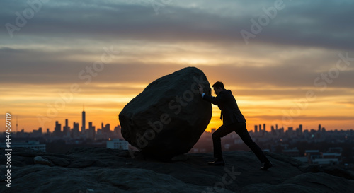 Silhouette of person pushing large boulder against dramatic sunset skyline. Determination and challenge concept. Overcoming obstacles, persistence metaphor, human struggle. Motivational imagery.