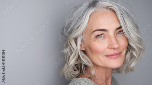 Mature woman with short, wavy, gray hair,  pleasant expression.  Gray background
