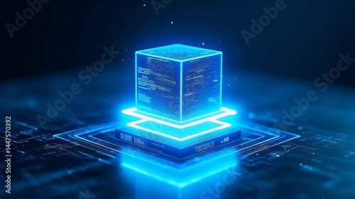 Futuristic glowing cube floating on computer chip