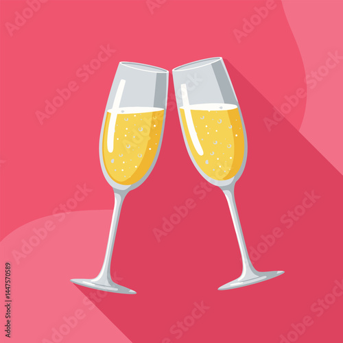 Glasses of champagne. Illustration in a flat design with long shadow