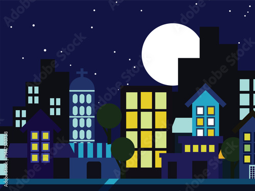 Night flat cartoon city vector background