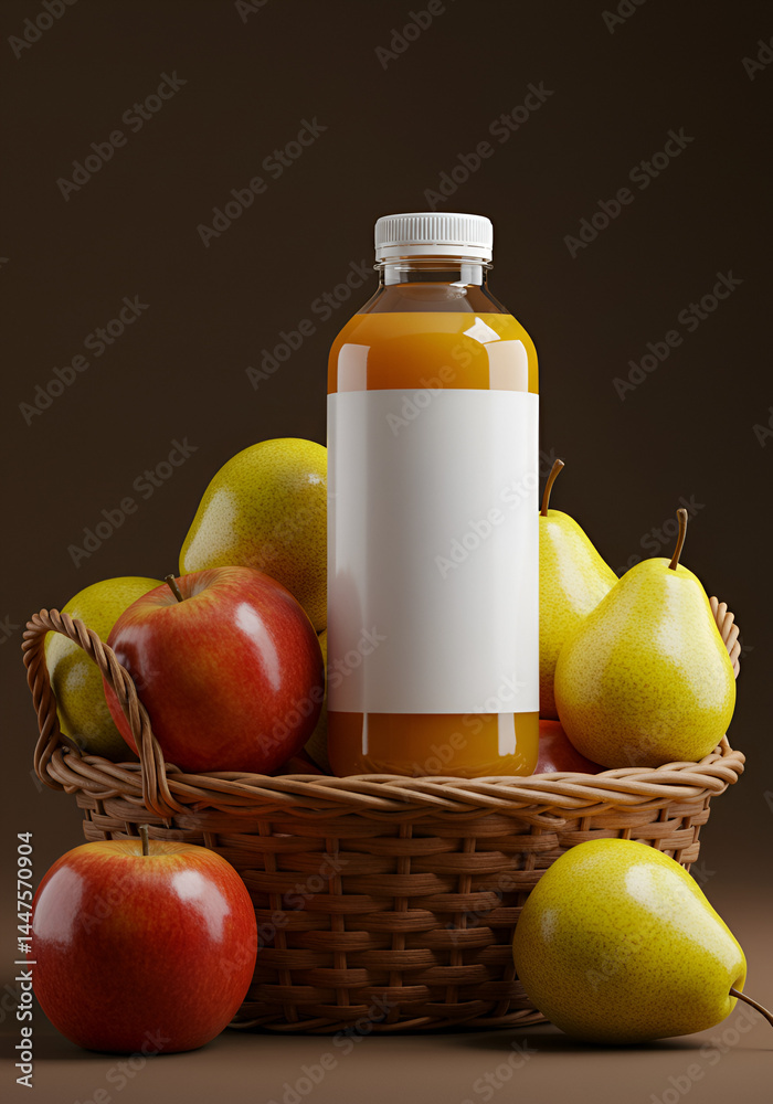 Fresh juice bottle surrounded by apples and pears in a wicker basket Fresh juice bottle surrounded by apples and pears in a wicker basket