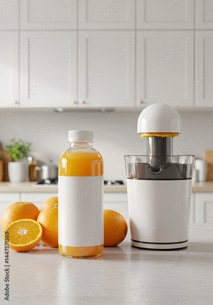 Freshly squeezed orange juice in a modern kitchen setting. A bottle of juice and citrus juicer sit on a countertop, with fresh oranges nearby Freshly squeezed orange juice in a modern kitchen setting. A bottle of juice and citrus juicer sit on a countertop, with fresh oranges nearby