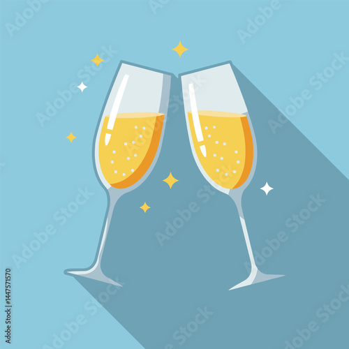 Glasses of champagne. Illustration in a flat design with long shadow