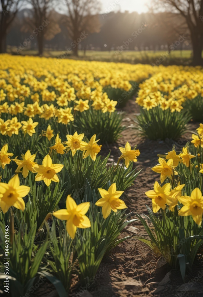 Fototapeta premium Sunlit daffodil field, vibrant yellow blooms, springtime , yellow flowers, fresh