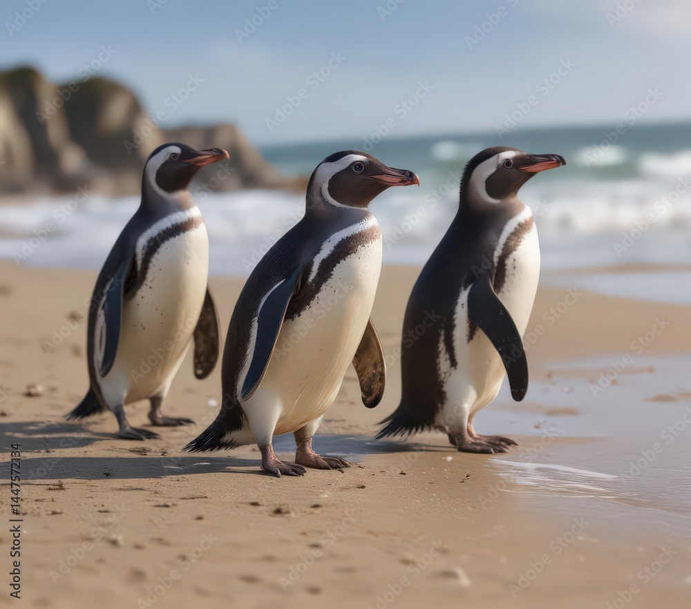 Fototapeta premium A group of Humboldt penguins waddling along the beach , penguin colony, peru
