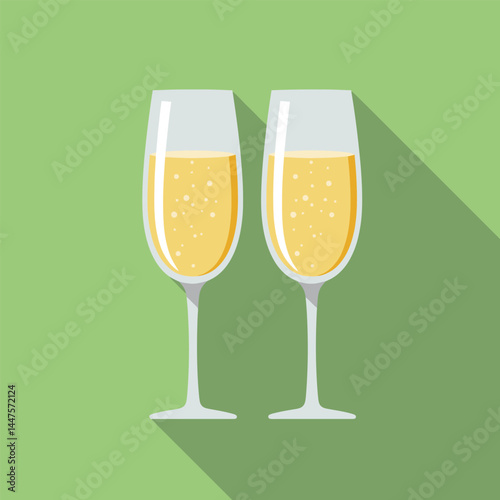 Glasses of champagne. Illustration in a flat design with long shadow