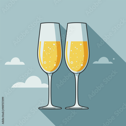 Glasses of champagne. Illustration in a flat design with long shadow