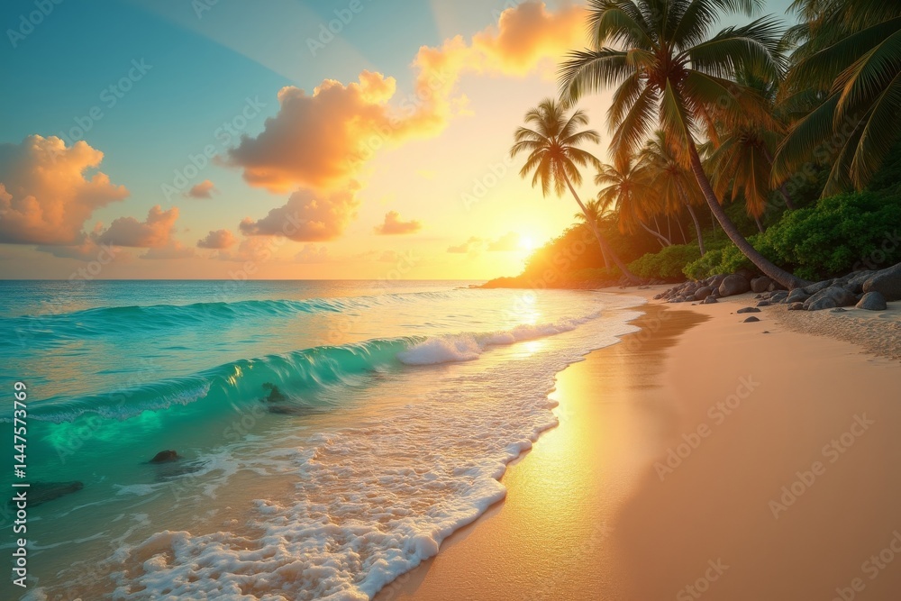 tranquil tropical beach at sunset, with golden waves lapping at the shore, palm trees swaying gently, and a vibrant coral reef visible beneath the clear turquoise water tranquil tropical beach at sunset, with golden waves lapping at the shore, palm trees swaying gently, and a vibrant coral reef visible beneath the clear turquoise water
