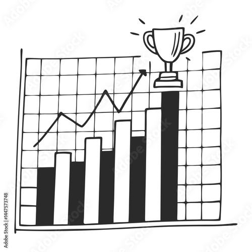 Graph chart with trophy the highest bar icon vector. Trophy at peak of growth chart logo.
