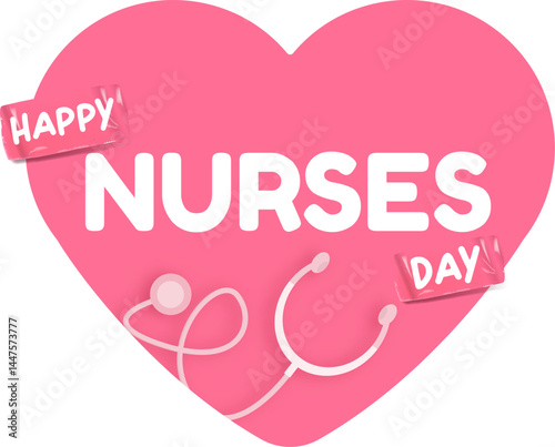 International nurses day cute vector heart shape banner and poster with stethoscope isolated on pink background. vector 12 May Happy nurses day heart icon, label, sign, sticker design template