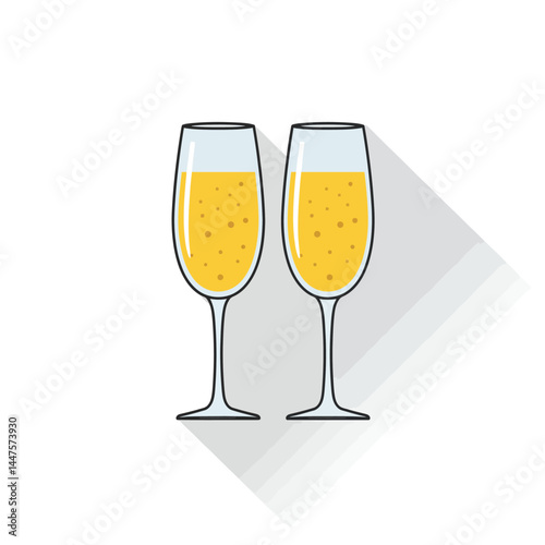Glasses of champagne. Illustration in a flat design with long shadow