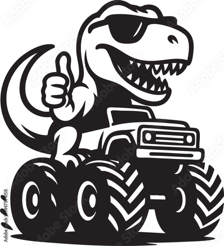 Cool T-Rex Riding Monster Truck Vector – Black and White Silhouette Illustration