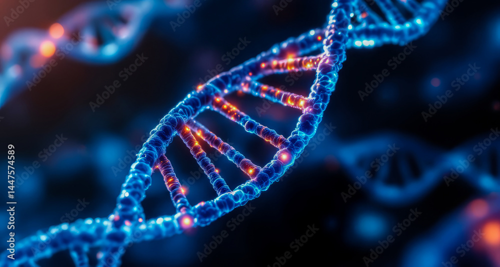 Biomolecular engineering concept showing DNA strand structure glowing in scientific background Biomolecular engineering concept showing DNA strand structure glowing in scientific background