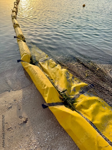 Golden hour light hits a curving yellow floating barrier stretched across a foamy shoreline, with green algae stains and mesh net partially submerged in gently rippling sea water.